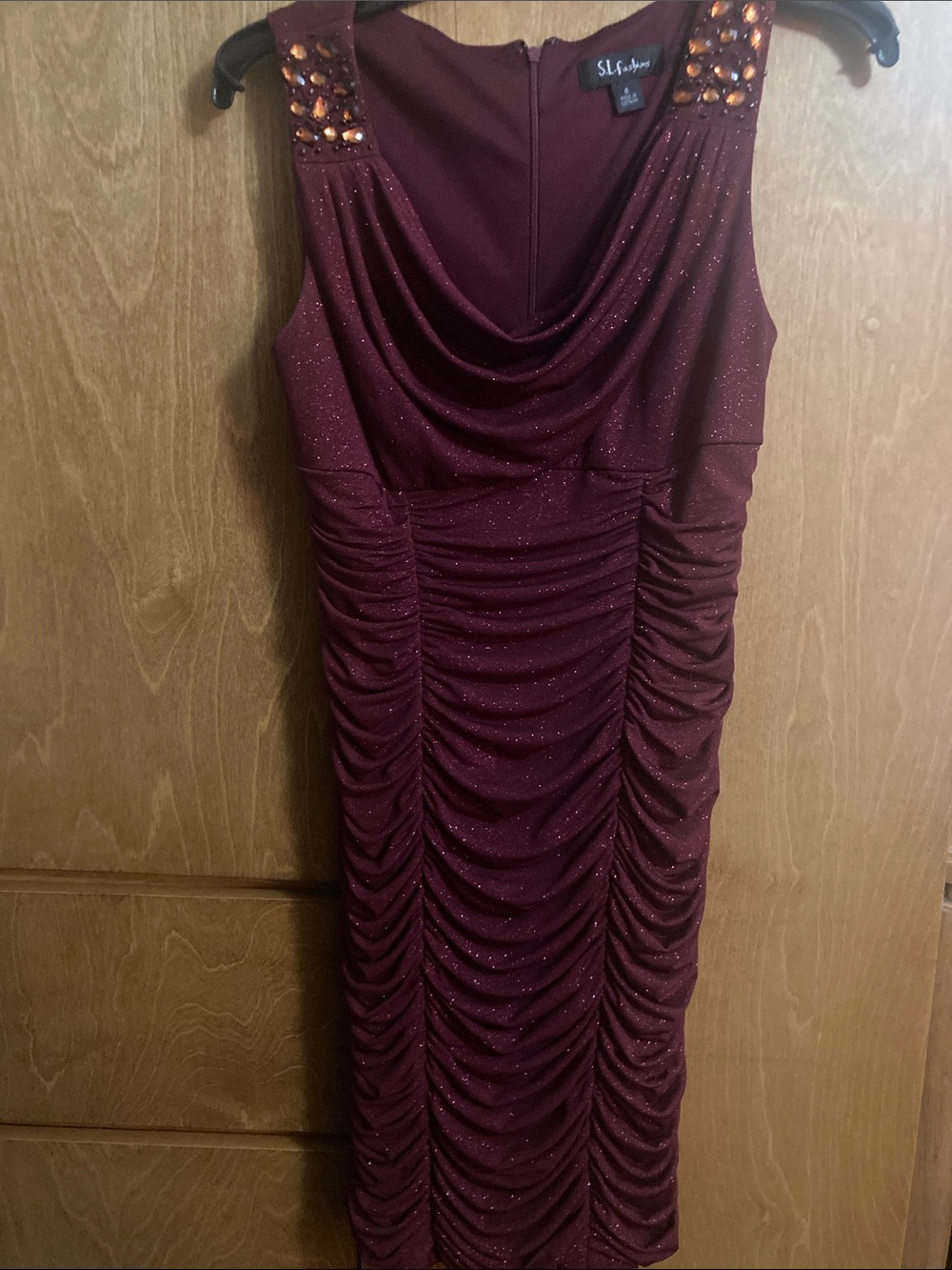 SL Fashions Wine Ruched Mini Dress with Jeweled Shoulders